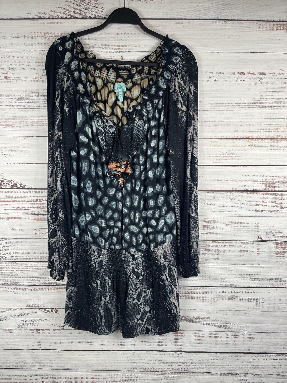 Faith Dress Women's Medium Black Gray Animal Print Boho Tunic Long Sleeve Ruffle